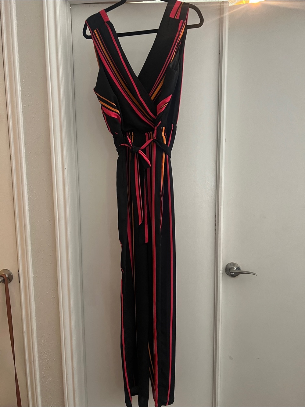 Charlotte Russe Black Sleeveless Wrap Jumpsuit with Pink & Orange Stripes